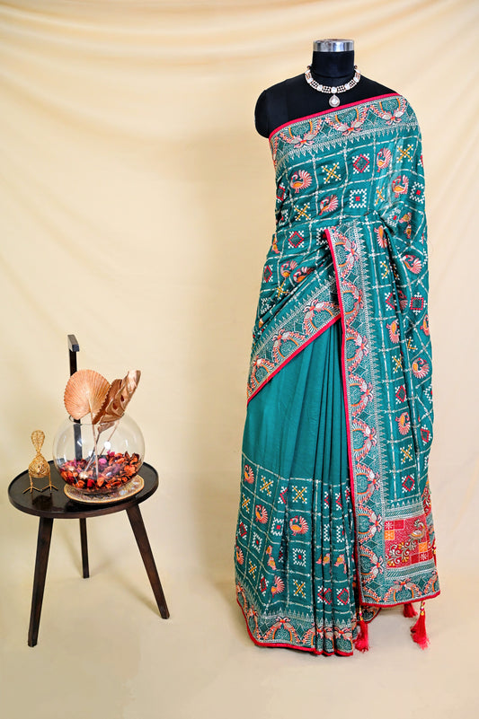 Blue Gharchoda Style Saree