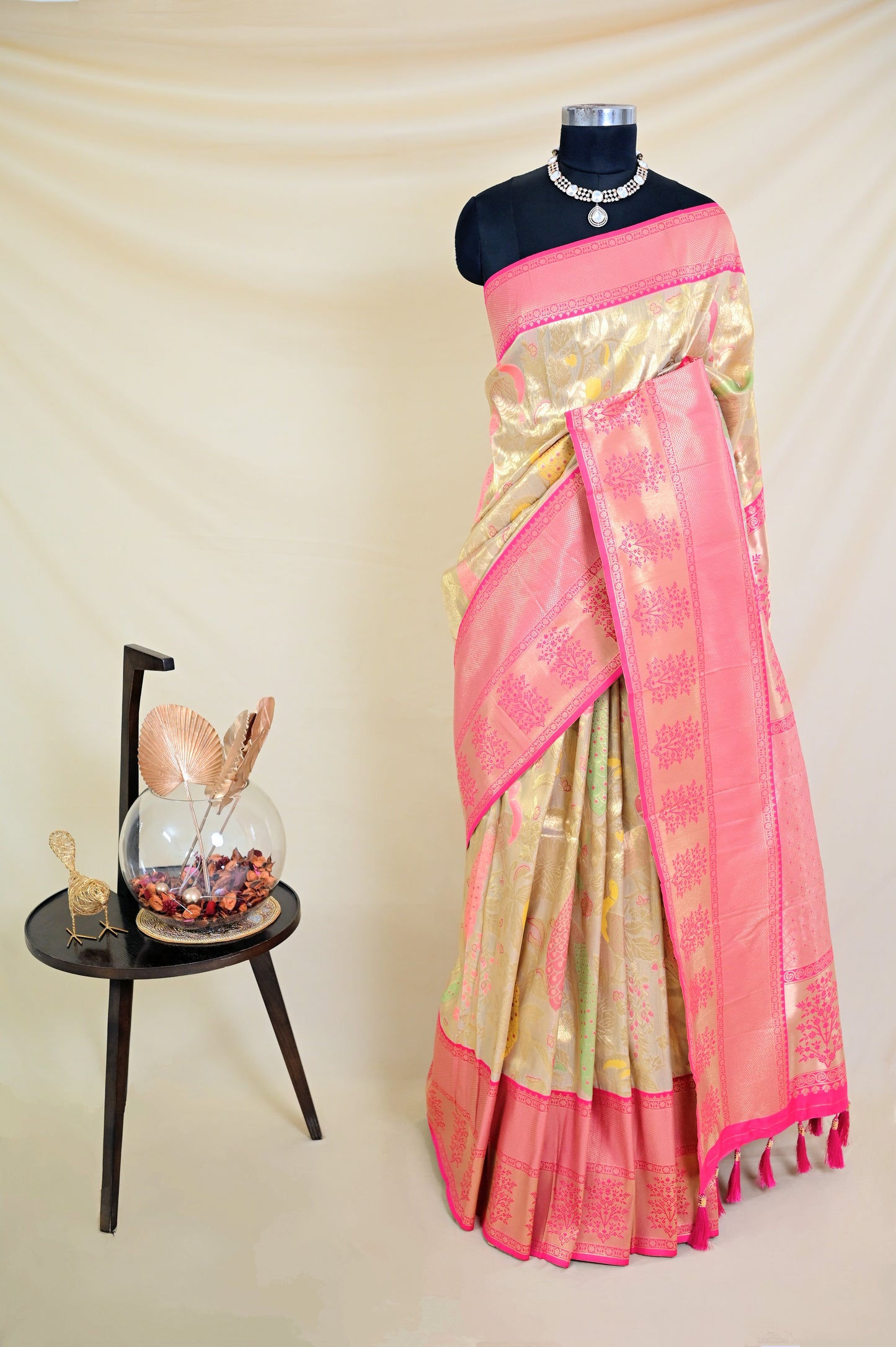 Beige & Pink Silk Saree