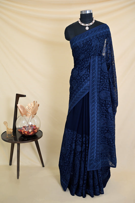 Navy Blue Threadwork Saree