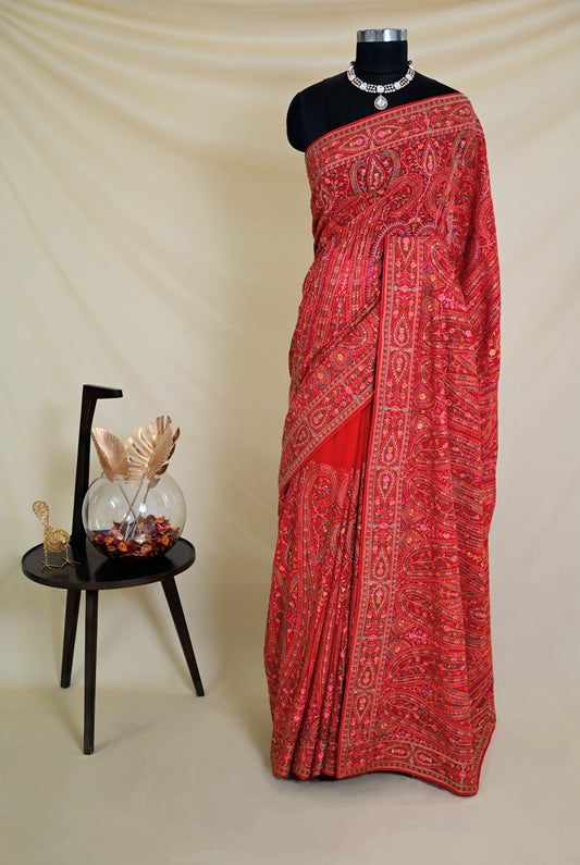 Red Threadwork Saree