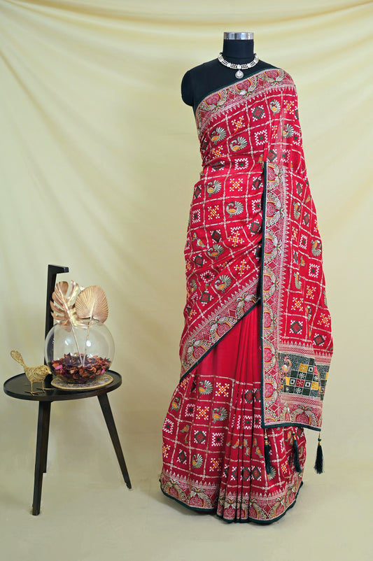 Red Gharchoda Style Saree