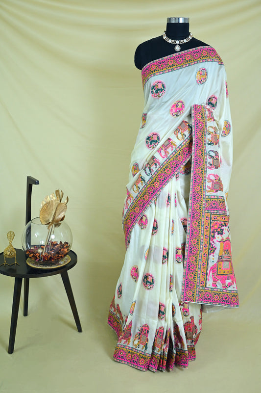 White Multi Color Saree