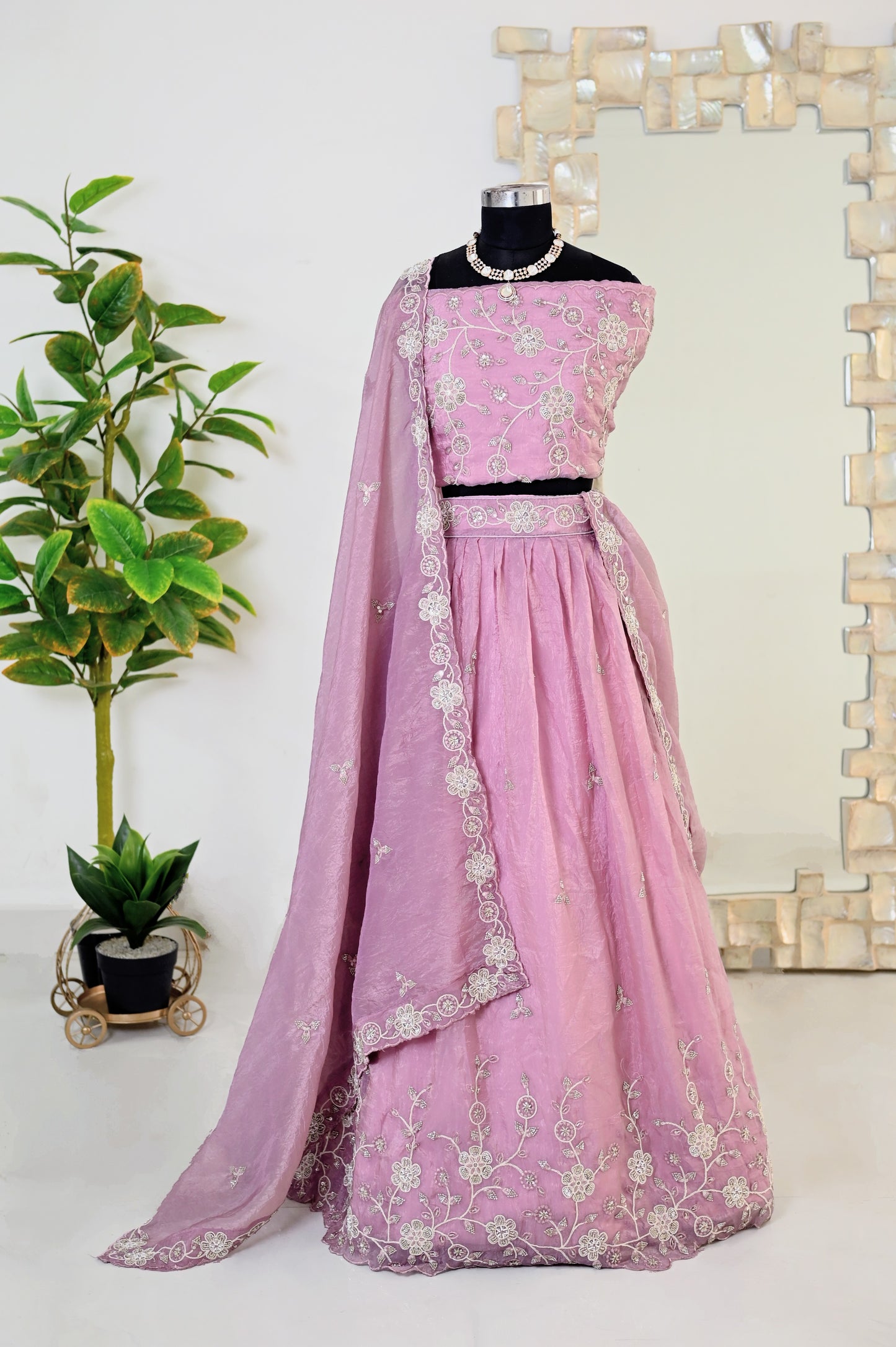 Light Pink Hand-Work Organza Lehenga